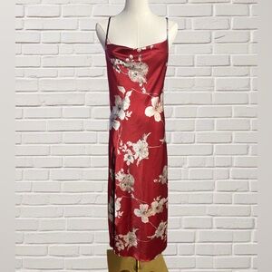 Red Floral Satin Slip Dress Long Midi Side Slit Adjustable Straps Cocktail